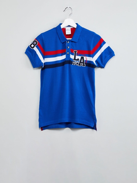 

max Boys Blue & Red Striped Polo Collar T-shirt