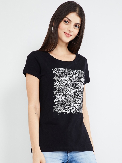 max Women Black Printed Round Neck T-shirt