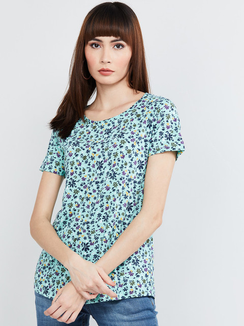 

max Women Turquoise Blue Printed Round Neck T-shirt