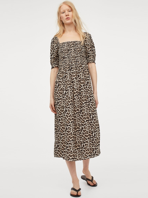 H&M Women Beige & Black Animal Print Puff-Sleeved Dress