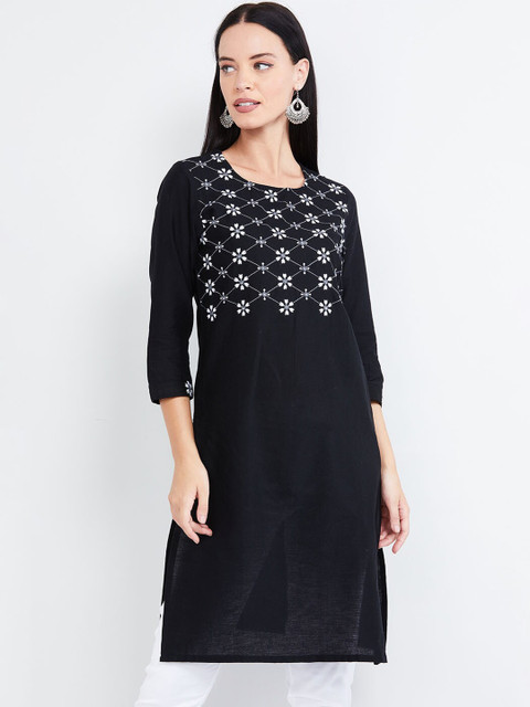 

max Women Black & White Floral Embroidered Straight Kurta
