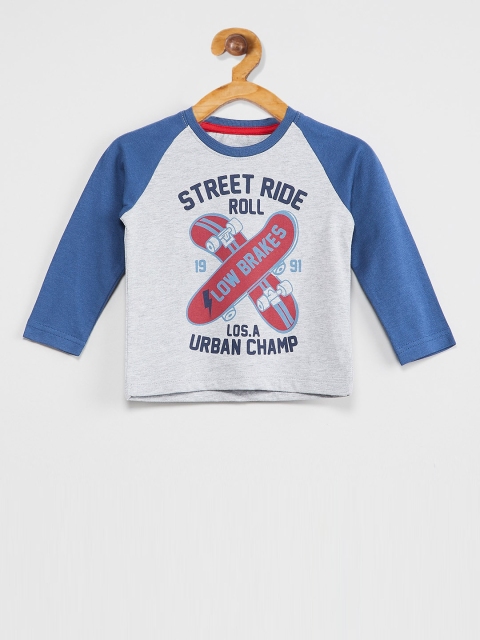

max Boys Grey Melange & Blue Printed Round Neck T-shirt