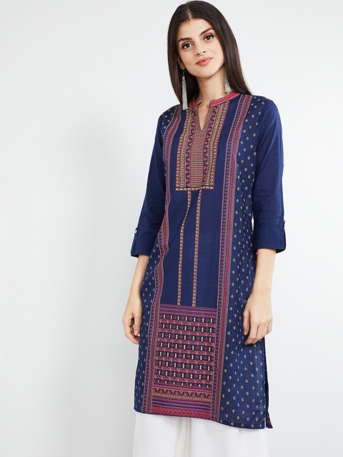 

max Women Navy Blue & Yellow Embroidered Straight Kurta