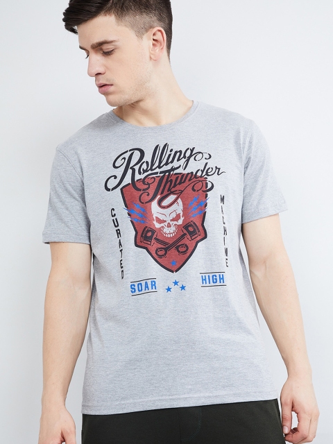 

max Men Grey Printed Round Neck T-shirt