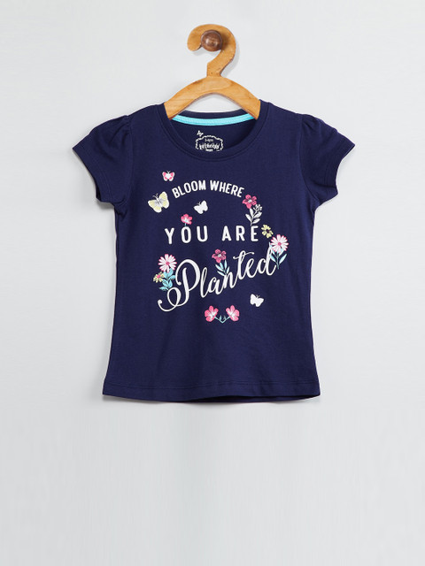 

max Girls Blue Printed Round Neck T-shirt