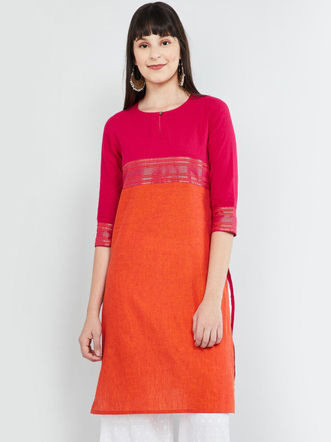 

max Women Fuchsia Pink & Orange Colourblocked Straight Kurta