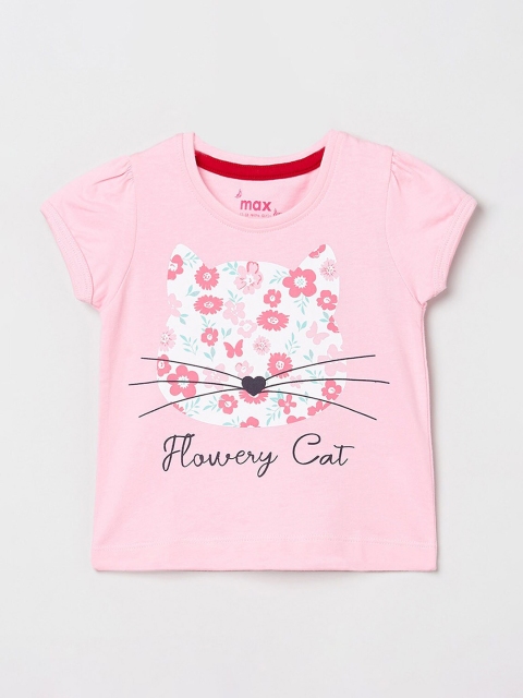 max Girls Pink & Off-White Floral Printed Round Neck T-shirt