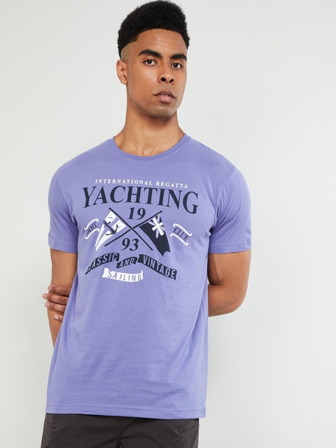 

max Men Purple Printed Round Neck T-shirt