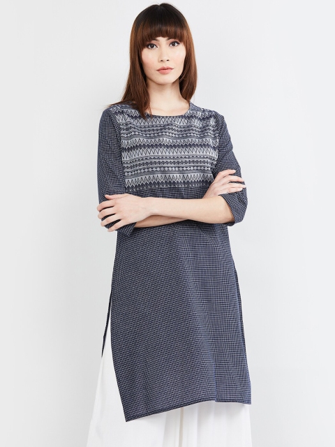 

max Women Navy Blue & White Woven Design Straight Kurta