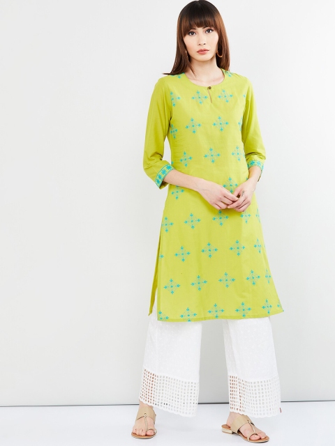 

max Women Lime Green & Blue Embroidered Straight Kurta