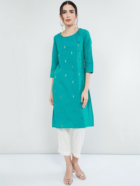 

max Women Turquoise Blue & Gold-Coloured Woven Design Straight Kurta