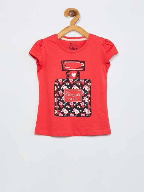 

max Girls Red & Black Floral Printed Round Neck T-shirt