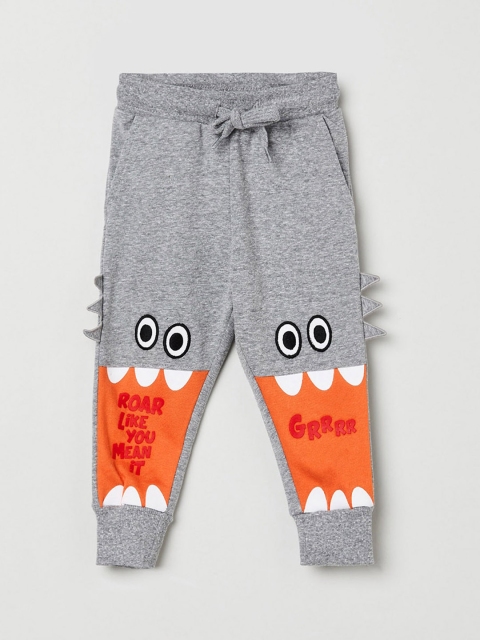 

max Boys Grey & Orange Graphic Printed Slim-Fit Joggers