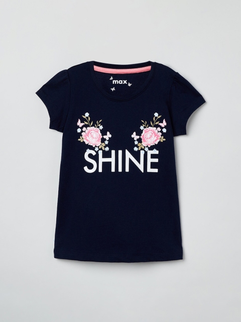 

max Girls Navy Blue Printed Round Neck T-shirt