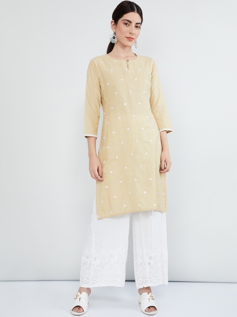 

max Women Beige & White Embroidered Straight Kurta