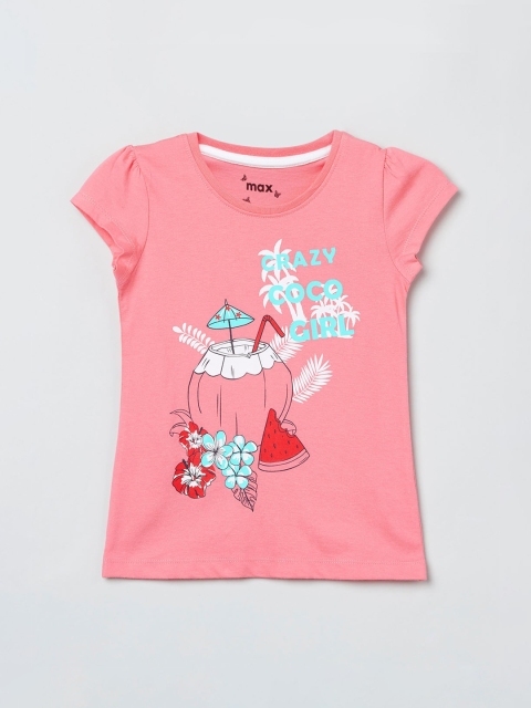 

max Girls Peach-Coloured Printed Round Neck T-shirt