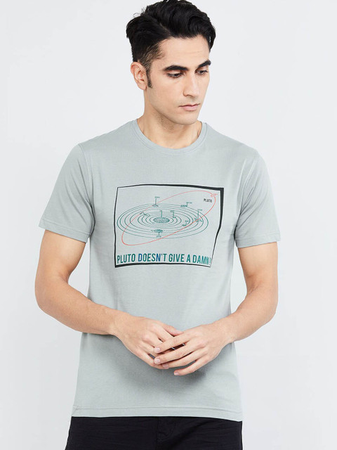 

max Men Grey Printed Round Neck T-shirt