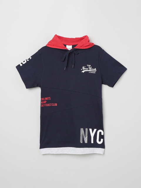 

max Boys Navy Blue & Silver Printed Hood T-shirt