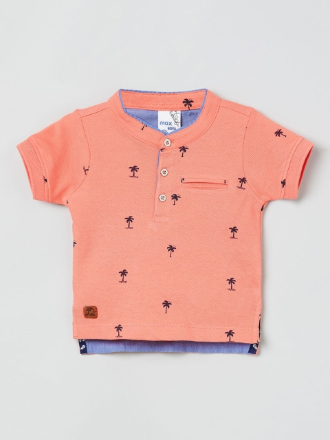 

max Boys Coral-Coloured Printed Henley Neck T-shirt