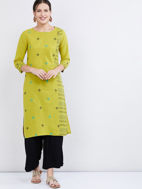 

max Women Lime Green & Black Embroidered Straight Kurta