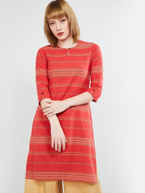 

max Women Coral Orange & Brown Striped Straight Kurta