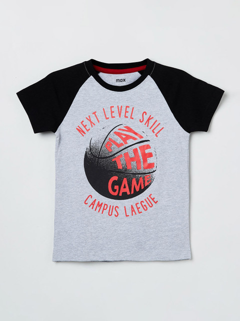 

max Boys Grey & Black Printed Round Neck T-shirt