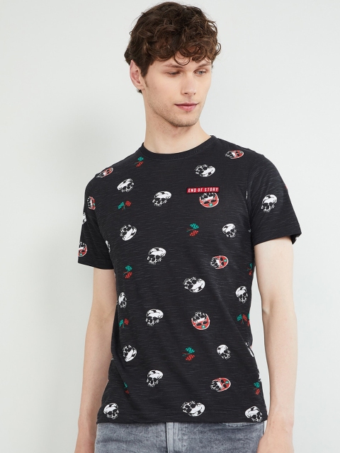 

max Men Black Printed Round Neck T-shirt