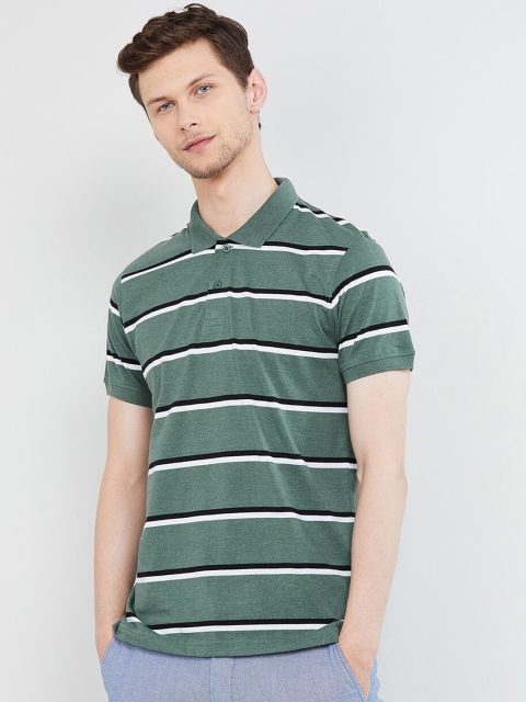 

max Men Green Striped Polo Collar T-shirt