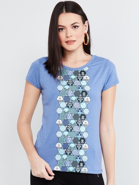

max Women Sky Blue Printed Round Neck T-shirt