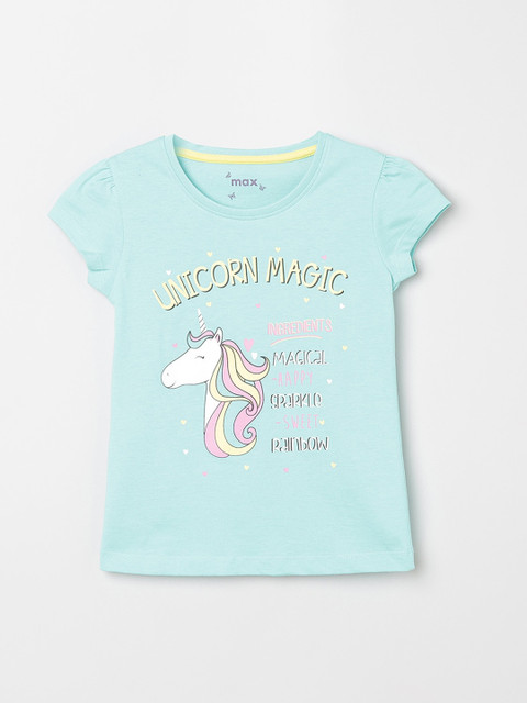 

max Girls Turquoise Blue & White Printed Round Neck T-shirt