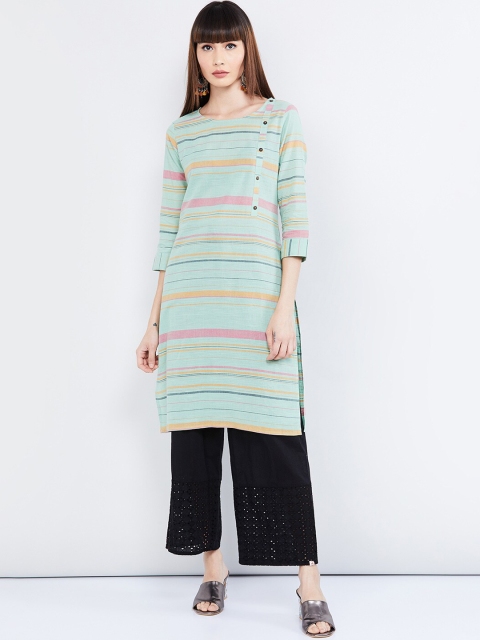 max Women Green & Pink Striped Straight Kurta