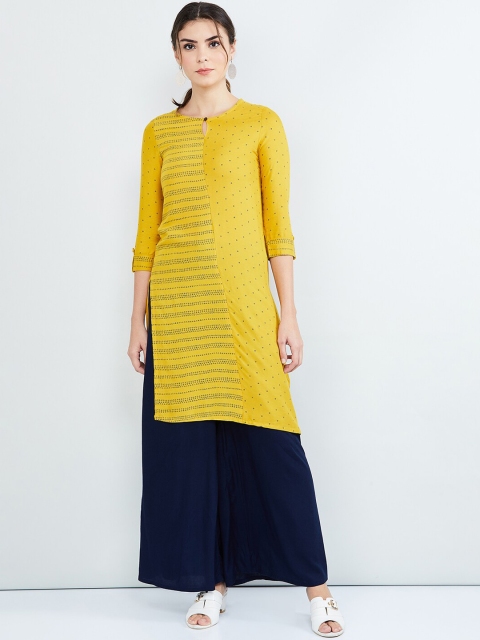 

max Women Mustard Yellow & Blue Printed Straight Kurta