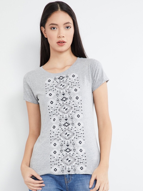

max Women Grey Printed Round Neck T-shirt