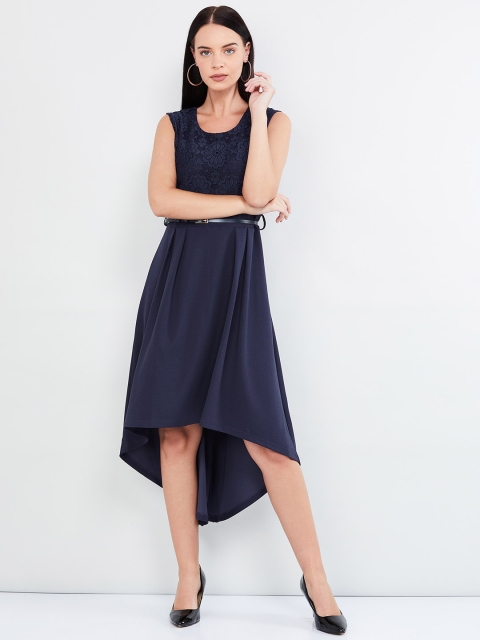 max Women Navy Blue Solid A-Line Dress