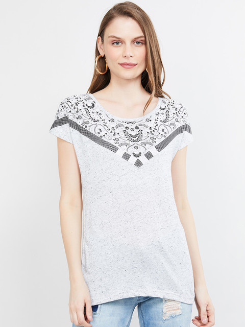 

max Women Grey Printed Round Neck T-shirt