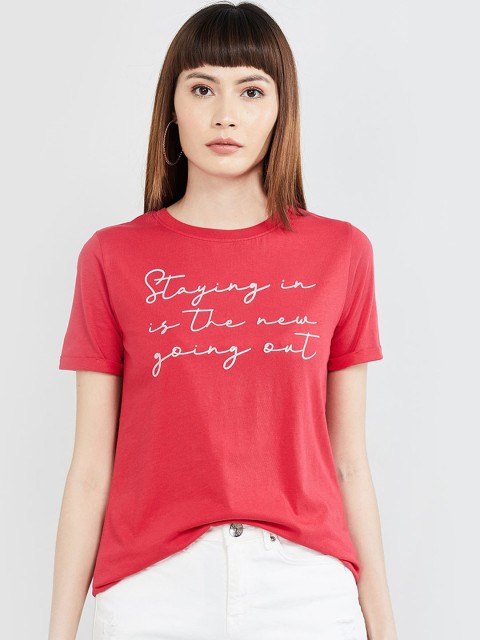 

max Women Red Printed Round Neck T-shirt
