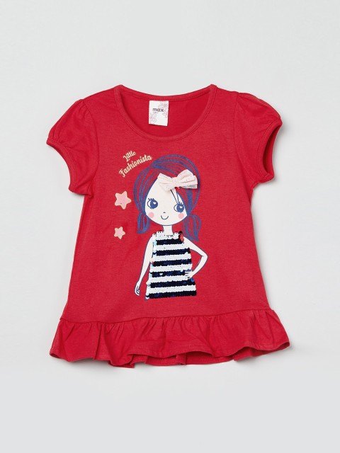 

max Girls Red Printed Flip Sequinned Knitted A-Line Top