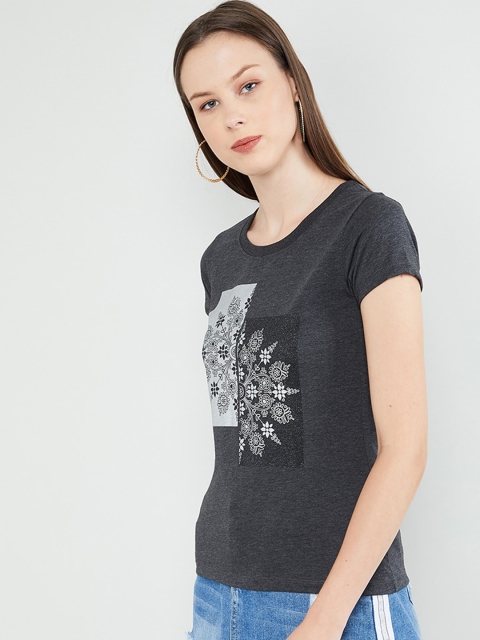 

max Women Charcoal Green Printed Round Neck T-shirt