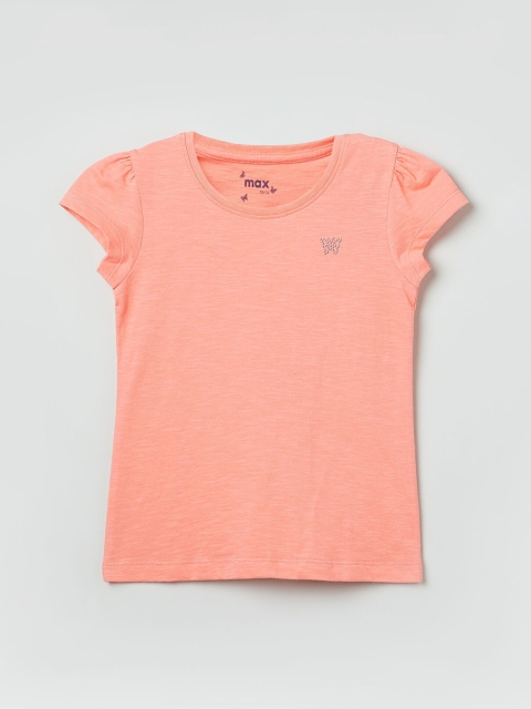 max Girls Orange Solid Round Neck T-shirt