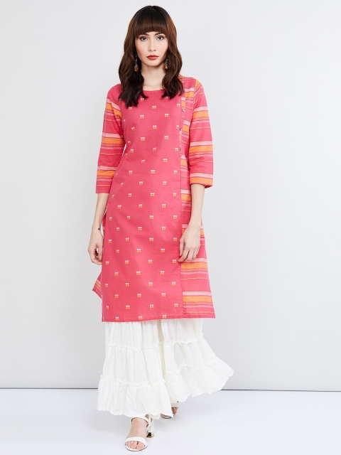 max Women Pink & Yellow Striped Straight Kurta