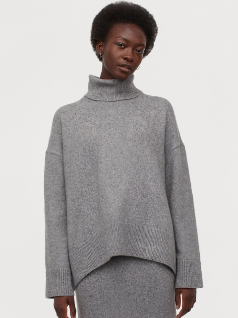 H&M Women Grey Solid Polo-Neck Acrylic Jumper