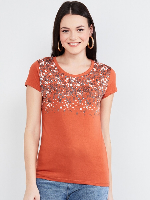 

max Women Rust Orange Printed Round Neck T-shirt