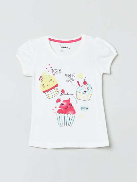 

max Girls Off-White & Pink Printed Round Neck T-shirt