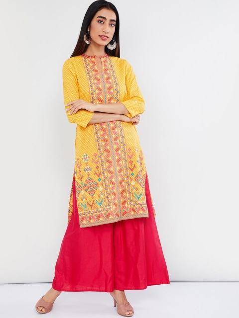 

max Women Mustard Yellow & Pink Embroidered Straight Kurta