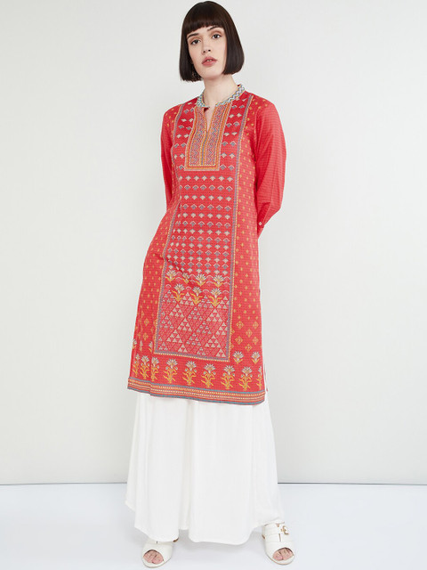

max Women Orange & Blue Printed Straight Kurta
