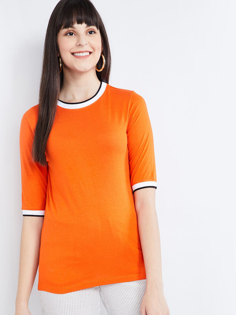 

max Women Orange Solid Round Neck T-shirt
