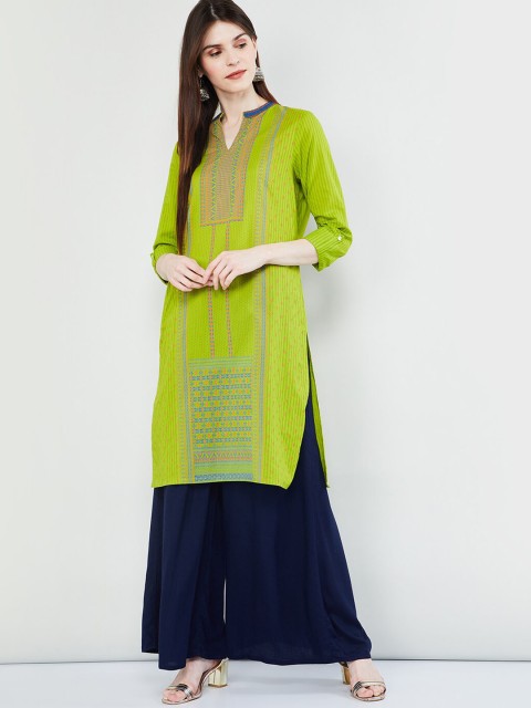 

max Women Green & Blue Printed Straight Kurta