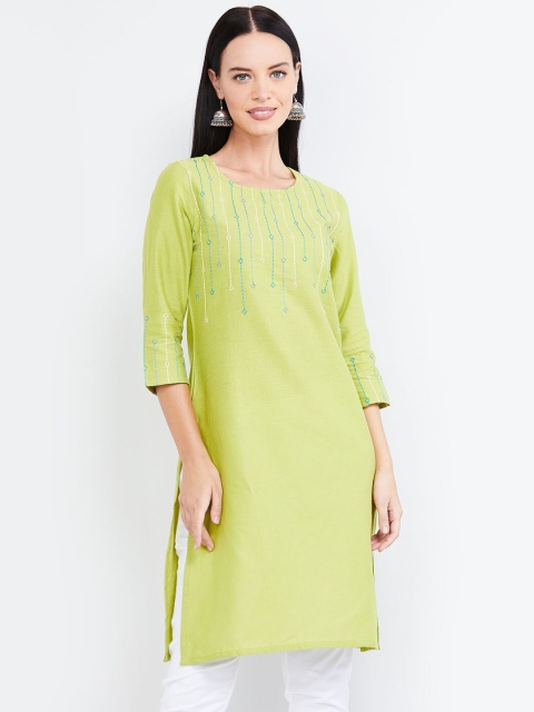 

max Women Lime Green & White Embroidered Straight Kurta
