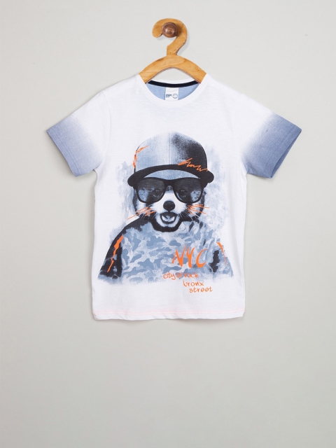 

max Boys White & Blue Printed Round Neck T-shirt