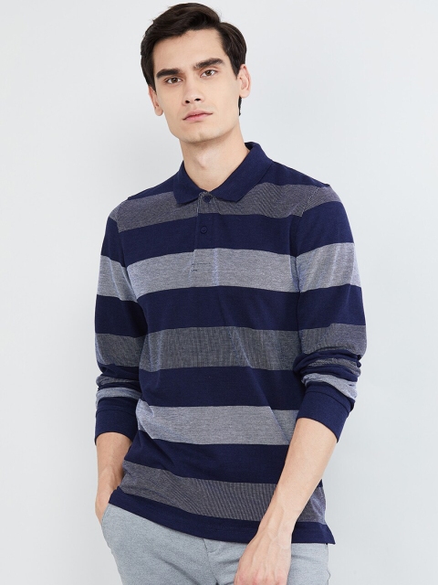 

max Men Blue Striped Polo Collar T-shirt